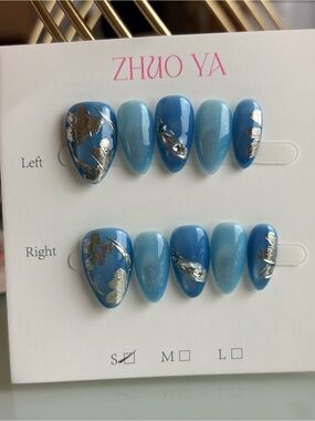 Blue Metallic Floral Press-On Nail Set-small